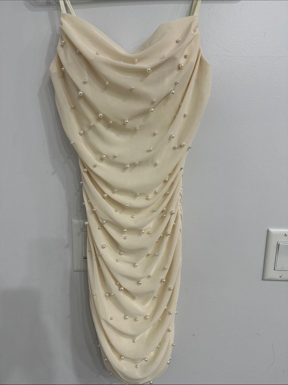 Iris Cream Pearl Ruched Mesh Mini Dress - Size Small